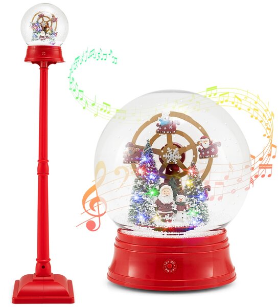 Costway Lampione stradale musicale di natale nevicata soffiante e 15 luci LED colorate, Globo della neve su supporto con babbo natale e ruota panoramica