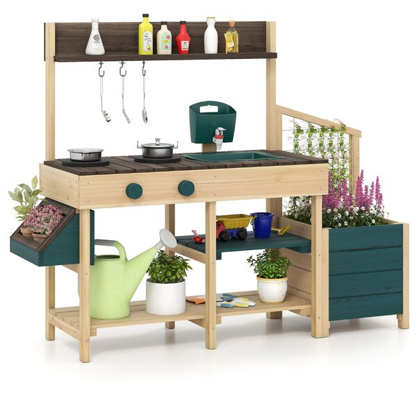 Costway Cucina da esterno in legno per bambini 3-8 anni con accessori realistici, Cucina da gioco con cassettiera per piante Verde scuro