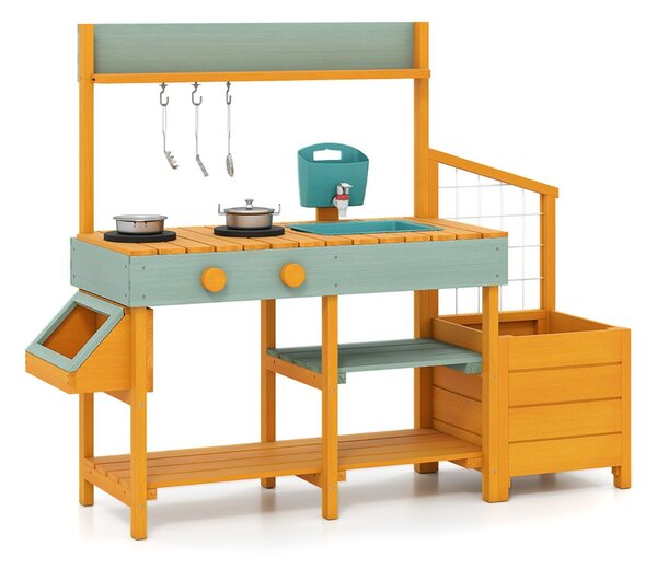 Costway Cucina da esterno in legno per bambini 3-8 anni con accessori realistici, Cucina da gioco con cassettiera per piante Giallo