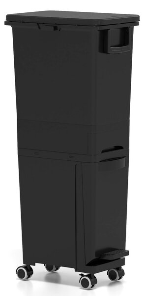 Costway Bidone di spazzatura con cestino inclinato con 2 scomparti superiori, Pattumiera con pedale in plastica per cucina Nero