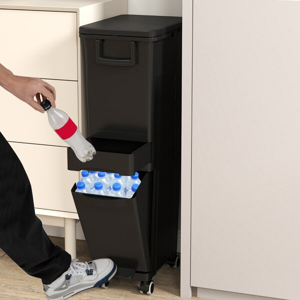 Costway Bidone di spazzatura con cestino inclinato con 2 scomparti superiori, Pattumiera con pedale in plastica per cucina Nero