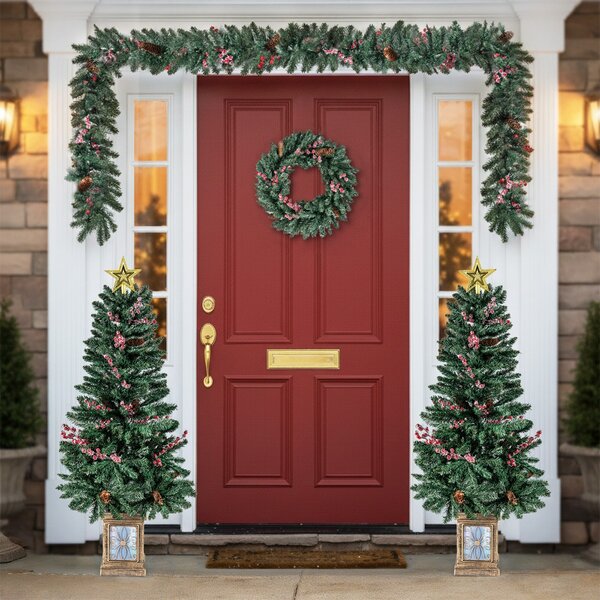 Costway Set di 2 alberi di natale artificiali realistici in vaso con ghirlanda, Decorazione natalizie per camino ingresso festa Verde