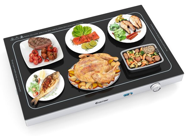 Costway Vassoio riscaldante elettrico scaldavivande in vetro temperato con termostato per buffet, Vassoio riscaldante elettrico con temperatura regolabile Argento