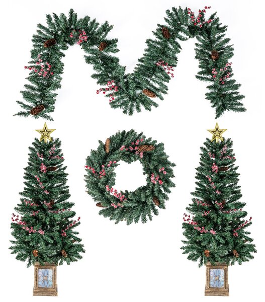 Costway Set di 2 alberi di natale artificiali realistici in vaso con ghirlanda, Decorazione natalizie per camino ingresso festa Verde