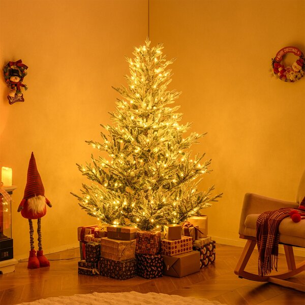 Costway Albero artificiale preilluminato da 180cm luminosità regolabile, Albero di natale innevato con rami articolati