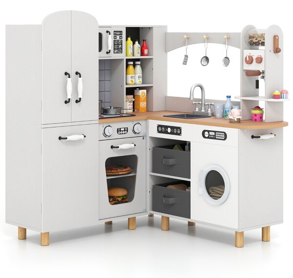 Costway Cucina giocattolo ad angolo per bambini set cucina in legno con frigorifero a doppia porta, Cucina giocattolo con contenitori in tessuto e 12 accessori Bianco
