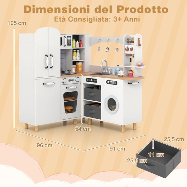 Costway Cucina giocattolo ad angolo per bambini set cucina in legno con frigorifero a doppia porta, Cucina giocattolo con contenitori in tessuto e 12 accessori Bianco