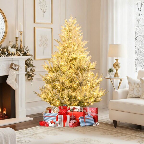 Costway Albero artificiale preilluminato da 180cm luminosità regolabile, Albero di natale innevato con rami articolati