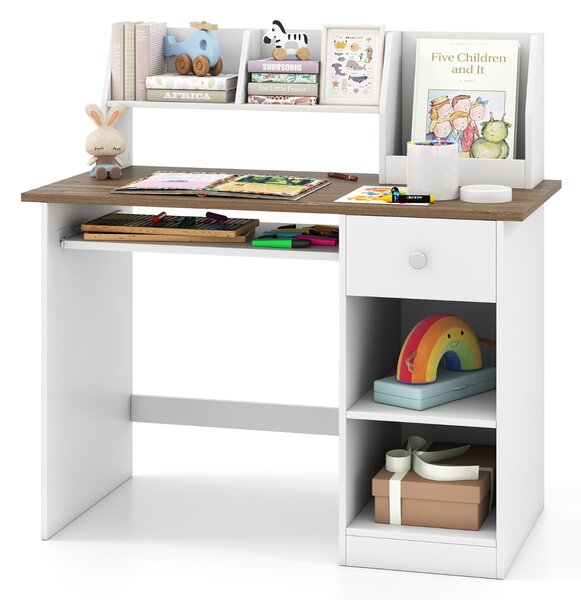 Costway Scrivania per bambini legno con vassoio per tastiera e cassetto, Scrivania per bambini libreria laterale e mensole superiori Legno Naturale