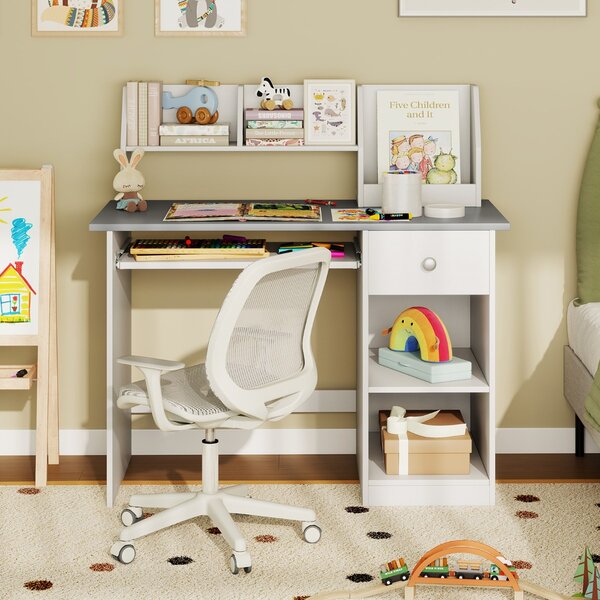 Costway Scrivania per bambini legno con vassoio per tastiera e cassetto, Scrivania per bambini libreria laterale e mensole superiori Grigio