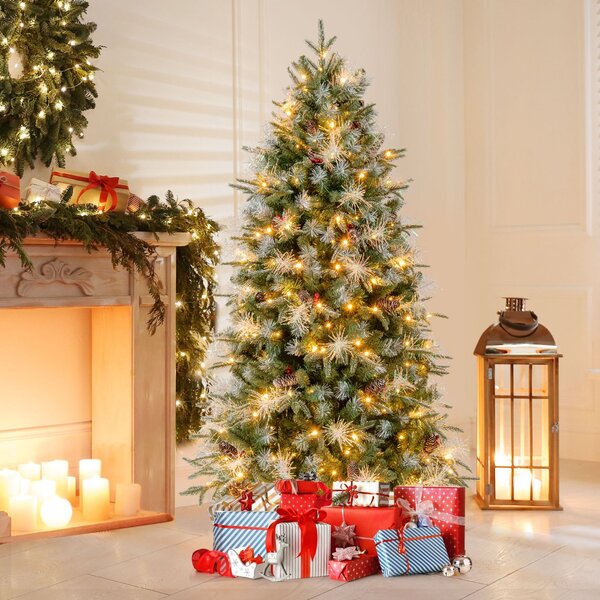 Costway Albero di natale 180cm artificiale pre-illuminato led bianco caldo, Albero di natale pieghevole con cerniera