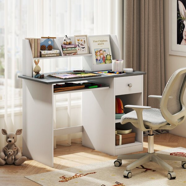 Costway Scrivania per bambini legno con vassoio per tastiera e cassetto, Scrivania per bambini libreria laterale e mensole superiori Grigio