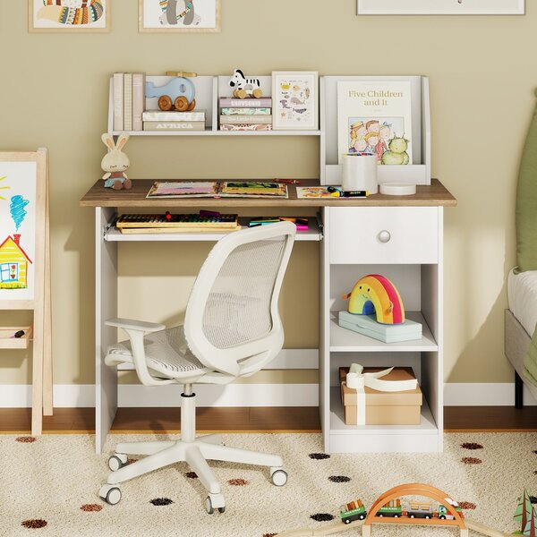 Costway Scrivania per bambini legno con vassoio per tastiera e cassetto, Scrivania per bambini libreria laterale e mensole superiori Legno Naturale