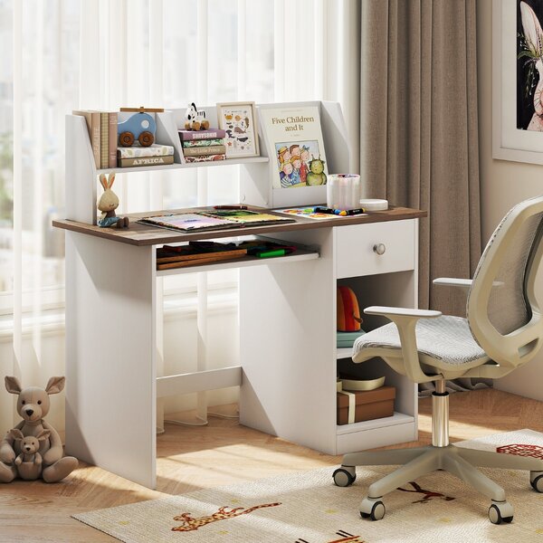 Costway Scrivania per bambini legno con vassoio per tastiera e cassetto, Scrivania per bambini libreria laterale e mensole superiori Legno Naturale