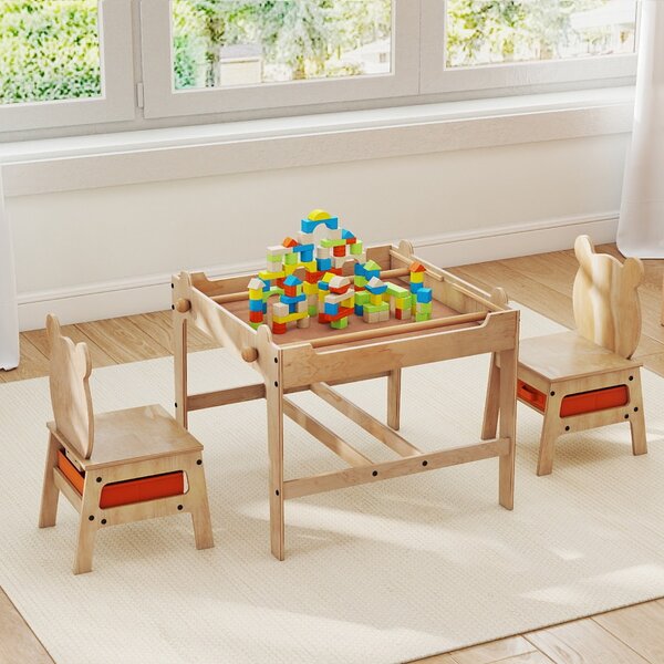 Costway Set tavolo e sedie per bambini con lavagna reversibile bianca e nera per arti, Tavolo mobiletto in legno per bambini Legno naturale