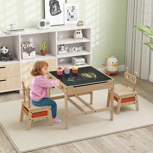 Costway Set tavolo e sedie per bambini con lavagna reversibile bianca e nera per arti, Tavolo mobiletto in legno per bambini