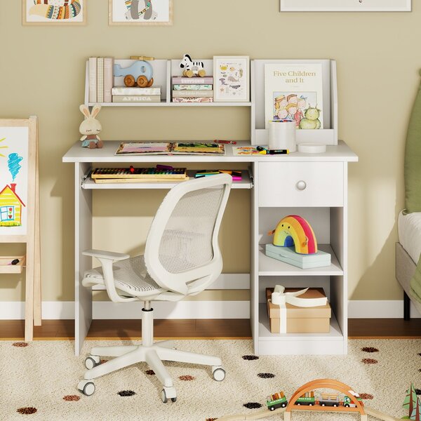 Costway Scrivania per bambini legno con vassoio per tastiera e cassetto, Scrivania per bambini libreria laterale e mensole superiori Bianco