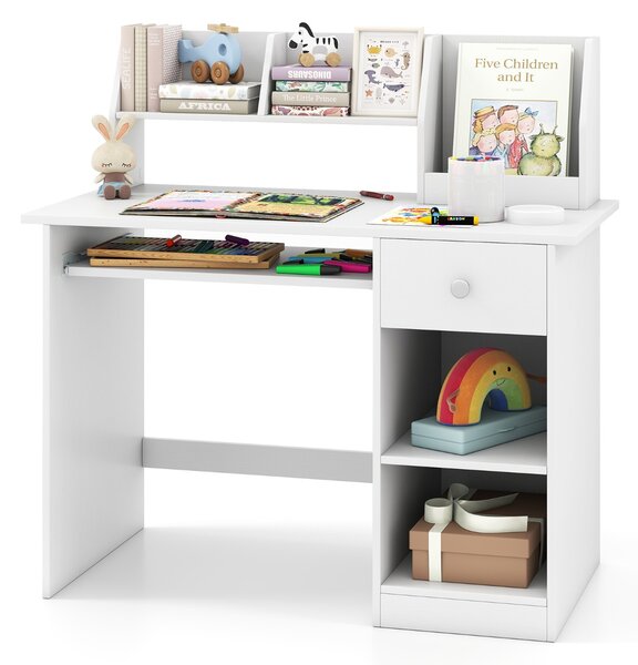 Costway Scrivania per bambini legno con vassoio per tastiera e cassetto, Scrivania per bambini libreria laterale e mensole superiori Bianco