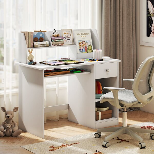 Costway Scrivania per bambini legno con vassoio per tastiera e cassetto, Scrivania per bambini libreria laterale e mensole superiori Bianco