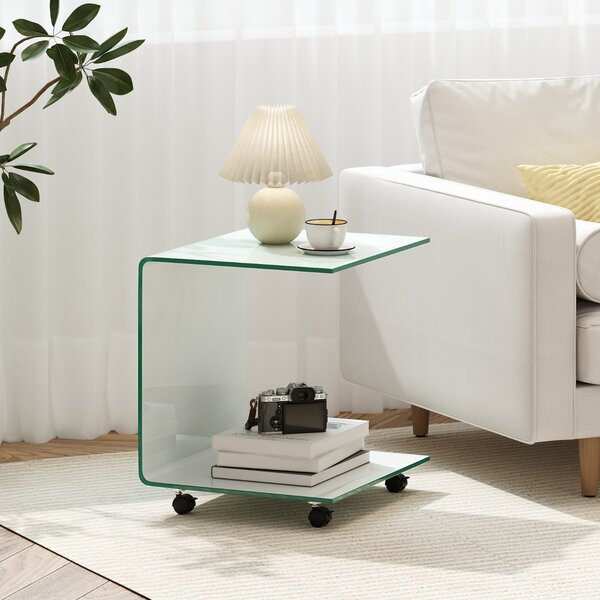Costway Tavolino in vetro temperato trasparente con 4 ruote universali, Tavolino in vetro temperato a forma di C facile da pulire Bianco