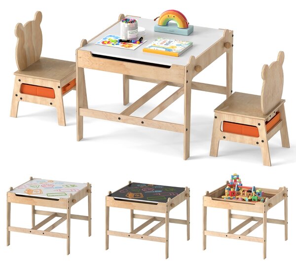 Costway Set tavolo e sedie per bambini con lavagna reversibile bianca e nera per arti, Tavolo mobiletto in legno per bambini Legno naturale