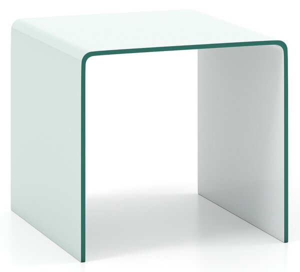 Costway Tavolino in vetro temperato trasparente con 4 ruote universali, Tavolino in vetro temperato a forma di C facile da pulire Bianco