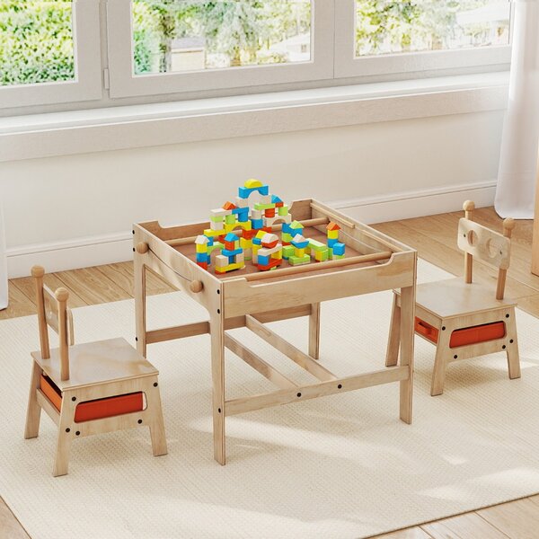 Costway Set tavolo e sedie per bambini con lavagna reversibile bianca e nera per arti, Tavolo mobiletto in legno per bambini