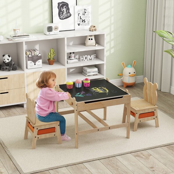 Costway Set tavolo e sedie per bambini con lavagna reversibile bianca e nera per arti, Tavolo mobiletto in legno per bambini Legno naturale
