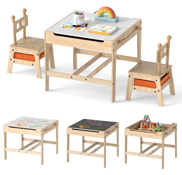 Costway Set tavolo e sedie per bambini con lavagna reversibile bianca e nera per arti, Tavolo mobiletto in legno per bambini