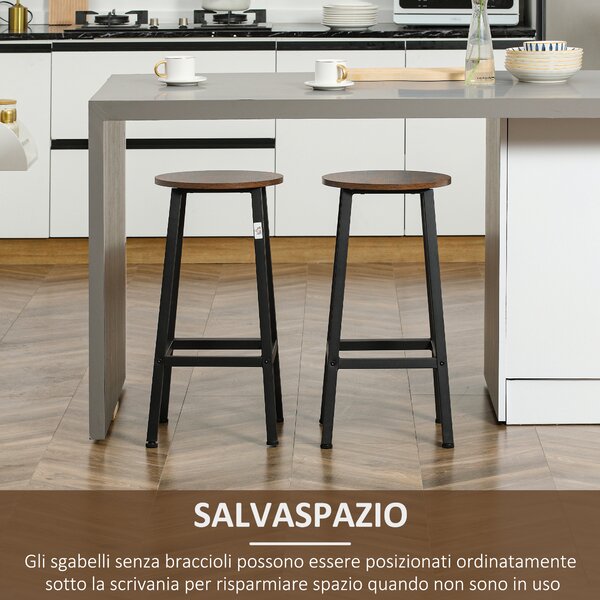 HOMCOM Set 2 Sgabelli da Bar e cucina con Piano Liscio e Poggiapiedi, in Truciolato e Acciaio, 32.5x32.5x65 cm, Marrone rustico|Aosom Italy