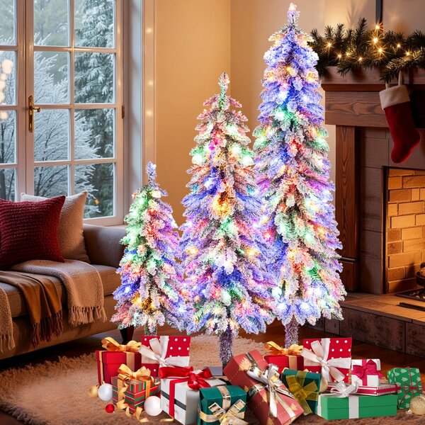 Costway Albero di natale set di 3 alberi artificiali da 90 cm 120 cm e 150 cm, Albero di natale con 115 207 e 275 rami innevati Bianco