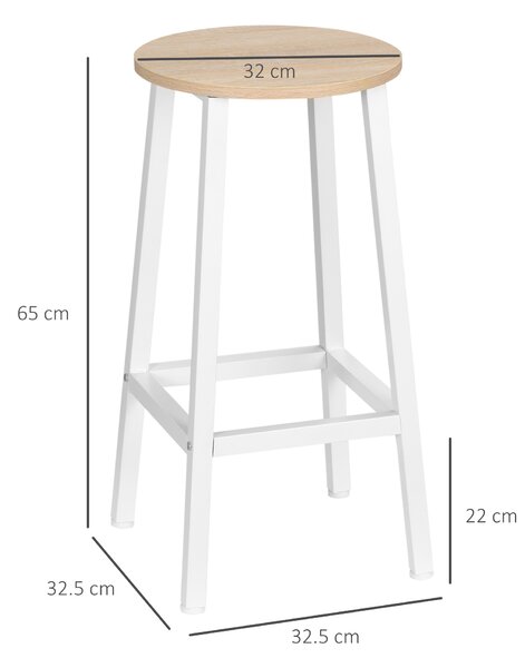 HOMCOM Set 2 Sgabelli da Cucina in Truciolato e Acciaio con Piano Liscio e Poggiapiedi, 32.5x32.5x65 cm, Bianco e Legno|Aosom