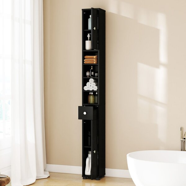 Costway Armadio da bagno alto slim con 1 cassetto di stoccaggio, Armadio da bagno 5 ripiani regolabili struttura antiscivolo Nero