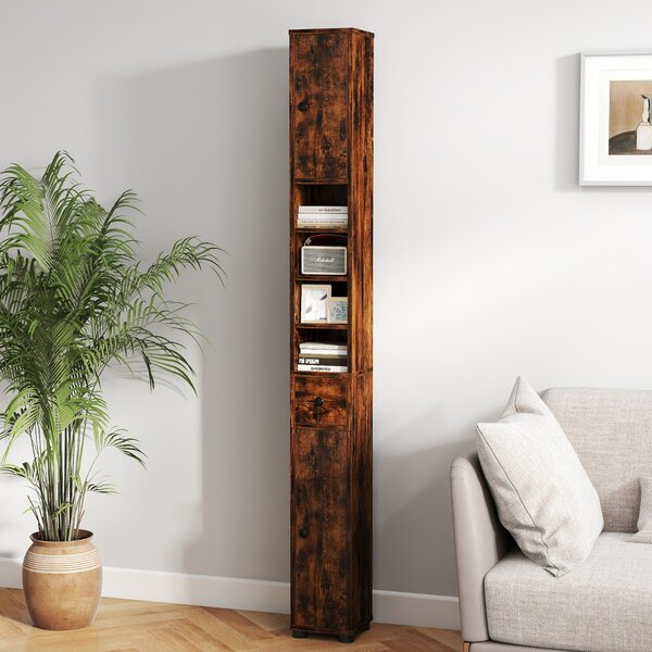 Costway Armadio da bagno alto slim con 1 cassetto di stoccaggio, Armadio da bagno 5 ripiani regolabili struttura antiscivolo Marrone