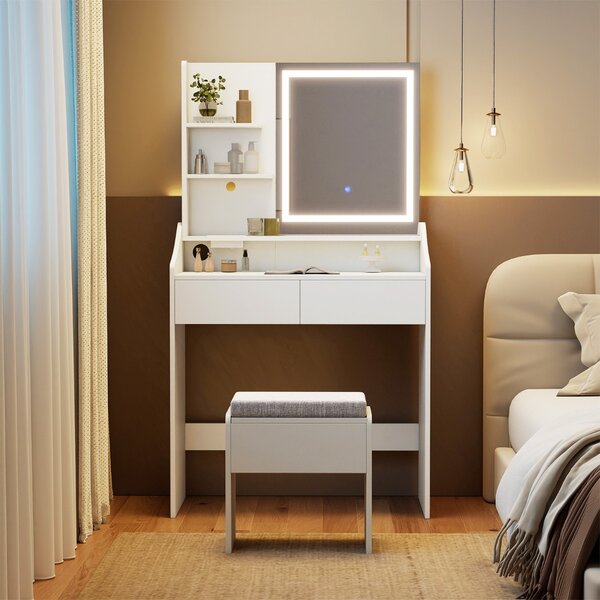 Costway Tavolo toeletta con sgabello contenitore set toeletta con specchio e luci, Tavolo toeletta stazione di ricarica 3 colori di luce Bianco