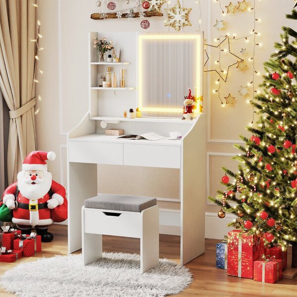 Costway Tavolo toeletta con sgabello contenitore set toeletta con specchio e luci, Tavolo toeletta stazione di ricarica 3 colori di luce Bianco