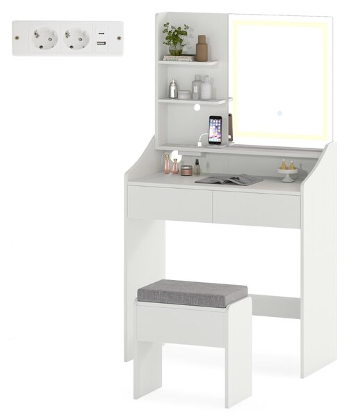 Costway Tavolo toeletta con sgabello contenitore set toeletta con specchio e luci, Tavolo toeletta stazione di ricarica 3 colori di luce Bianco