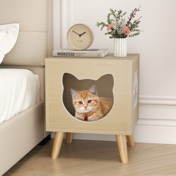 Costway Chiusura per lettiera gatto con buco e finestra a forma di zampa, Mobile moderno per gattini con parte superiore rimovibile