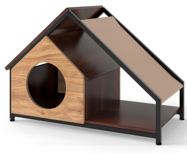 Costway Casetta in legno per gatti da interno con veranda e stile industriale, Tetto inclinato staccabile e struttura in metallo