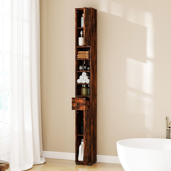 Costway Armadio da bagno alto slim con 1 cassetto di stoccaggio, Armadio da bagno 5 ripiani regolabili struttura antiscivolo Marrone
