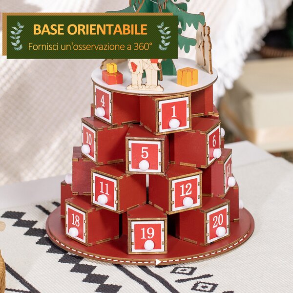 HOMCOM Calendario Avvento di Natale a Cono con Motivi a Tema e 10 Luci a LED, 22x22x35 cm, in Compensato, Rosso Verde e Giallo|Aosom