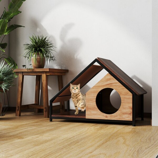 Costway Casetta in legno per gatti da interno con veranda e stile industriale, Tetto inclinato staccabile e struttura in metallo