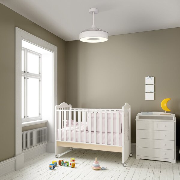 Ventilatore da soffitto LED Coin Mini bianco, alimentazione CC, silenzioso, Ø Mantra Iluminación, Coin Mini, dimmerabile, Bianco, Soggiorno, Plastica, Moderno