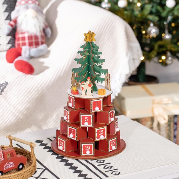 HOMCOM Calendario Avvento di Natale a Cono con Motivi a Tema e 10 Luci a LED, 22x22x35 cm, in Compensato, Rosso Verde e Giallo|Aosom