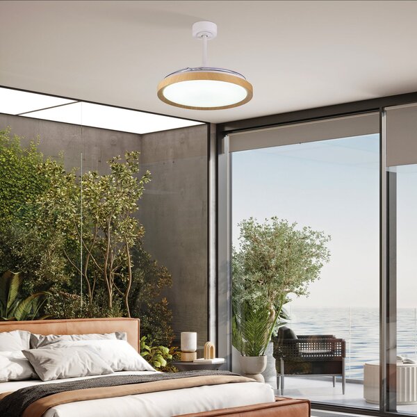 Ventilatore da soffitto LED Mistral, finitura legno, DC, silenzioso, CCT - Mantra Iluminación, Mistral, dimmerabile, Legno, Soggiorno, Plastica, Moderno