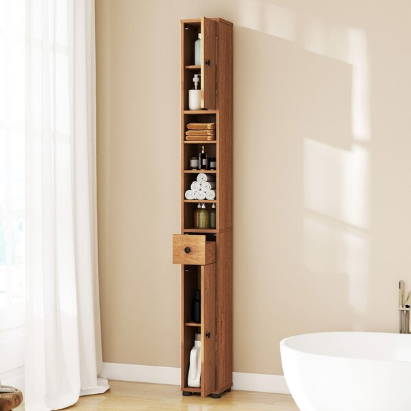 Costway Armadio da bagno alto slim con 1 cassetto di stoccaggio, Armadio da bagno 5 ripiani regolabili struttura antiscivolo Legno naturale
