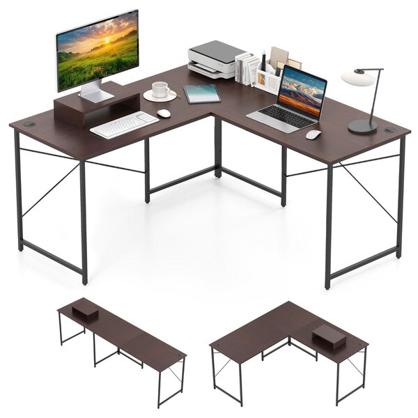 Costway Scrivania ad angolo a forma di L reversibile per gioco e studio, Scrivania da 150cm per host rimovibile Marrone scuro
