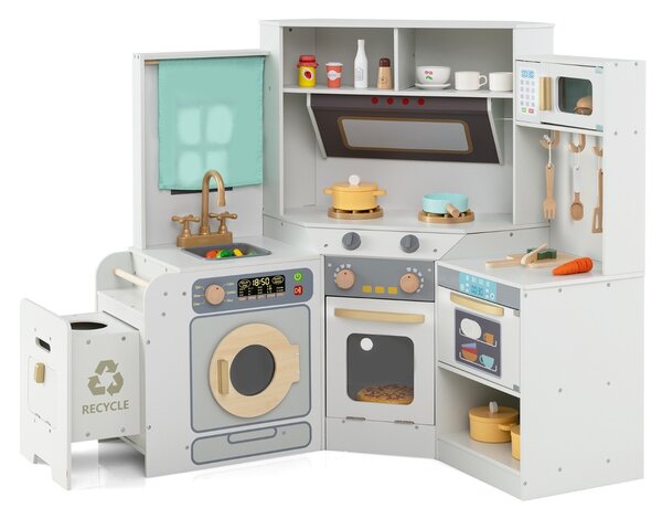 Costway Cucina ad angolo con luci e suoni set di gioco in legno pattumiera estraibile, Cucina angolo lavatrice e accessori ricchi Grigio