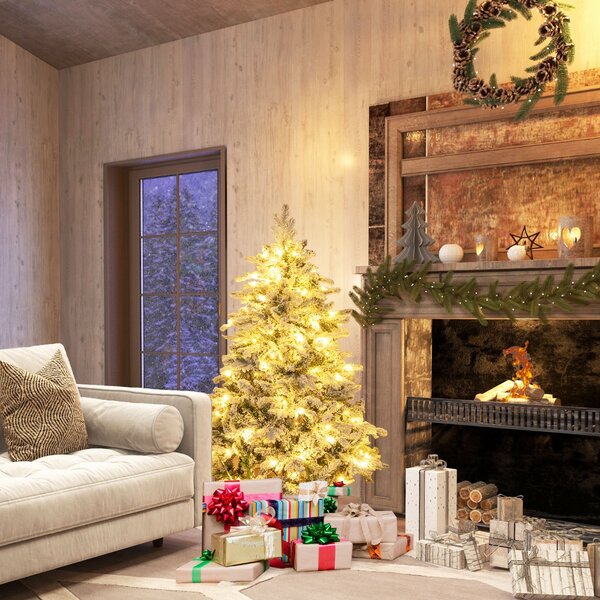 Costway Albero di natale innevato con 120 luci led giunti a cerniera, Albero di natale pre-illuminato 135cm Bianco