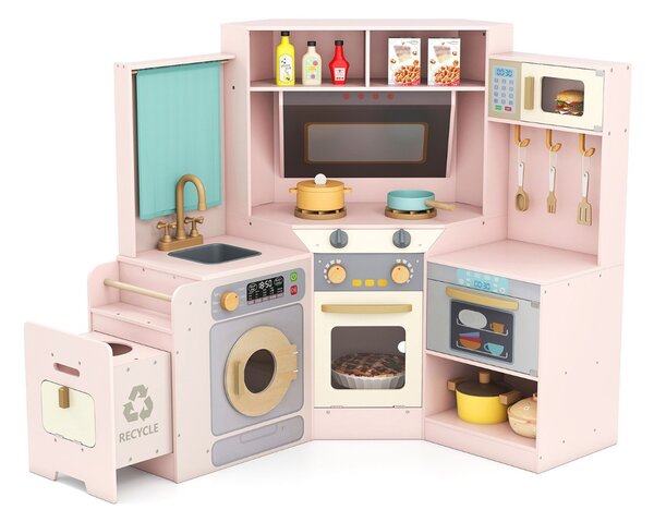 Costway Cucina ad angolo con luci e suoni set di gioco in legno pattumiera estraibile, Cucina angolo lavatrice e accessori ricchi Rosa